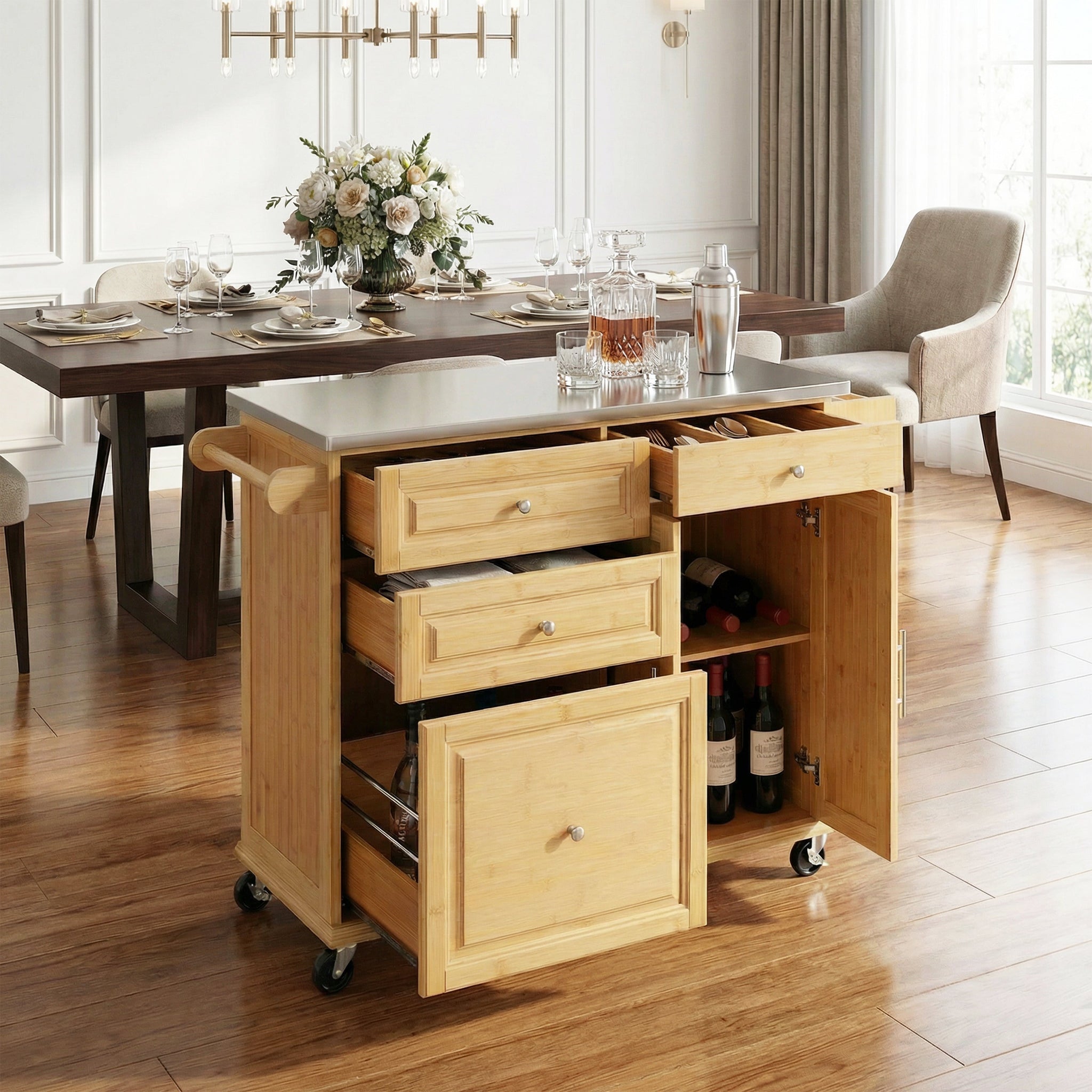 Indoor Bamboo Rolling Kitchen Island with Stainless Steel Top by HouseOfZazla