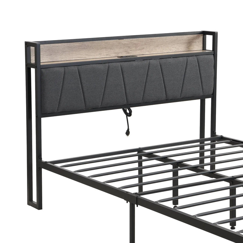 Modern Bed Frame With LED Lights, Upholstered Headboard, USB Charging