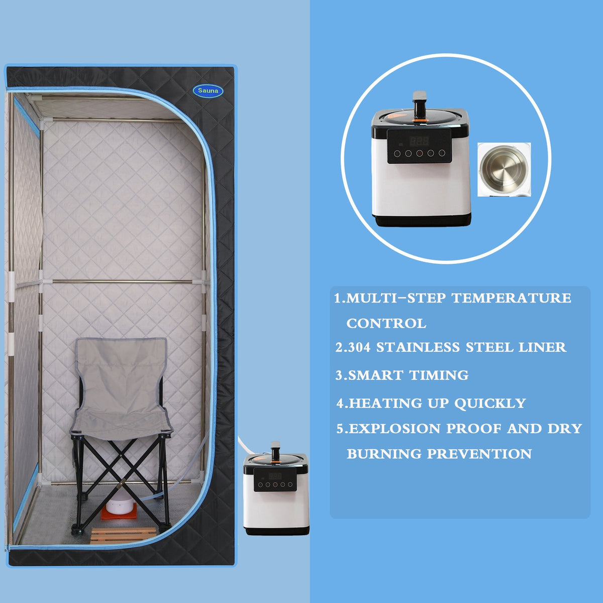 Full Size Portable Steam Sauna Tent with Stainless Steel Frame - Black, photo 11 of 17