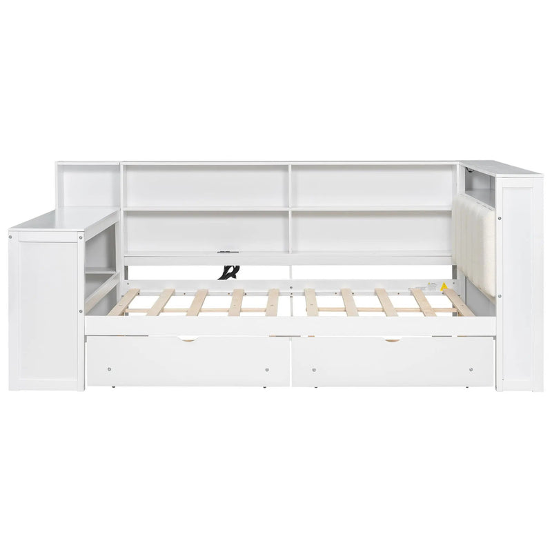 Platform Bed With Storage Shelves, Drawers, Charging Station, LED, Desk