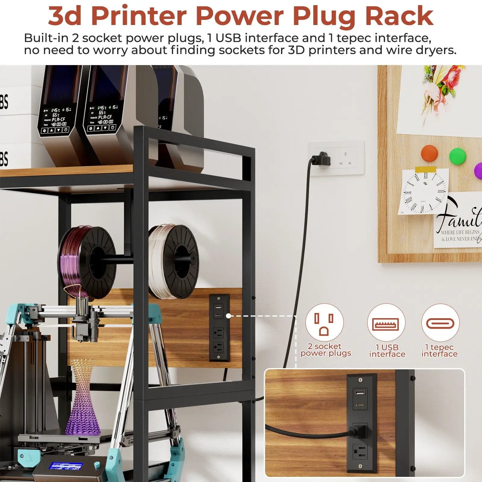 3D Printer Stand With Filament Storage, T-Type Holder, Built In Power Panelб Open Frame Printer Workstation - Black by HouseOfZazla