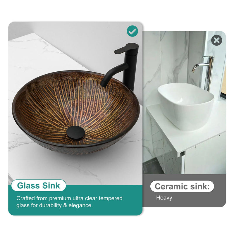 Feather Pattern Amber Vessel Sink With Pop Up Drain, Oval Bathroom Basin - Amber by HouseOfZazla