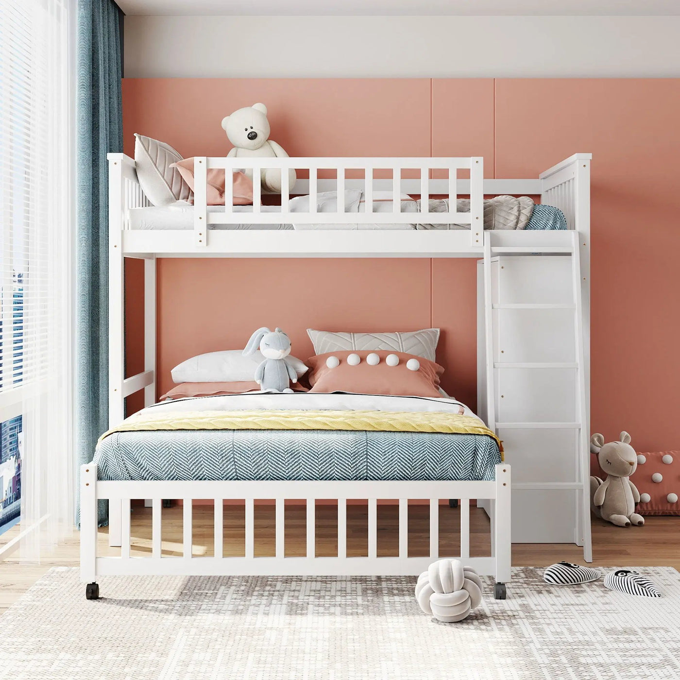 Bunk Bed With 6 Drawers And Flexible Shelves, Bottom Bed With Wheels by HouseOfZazla