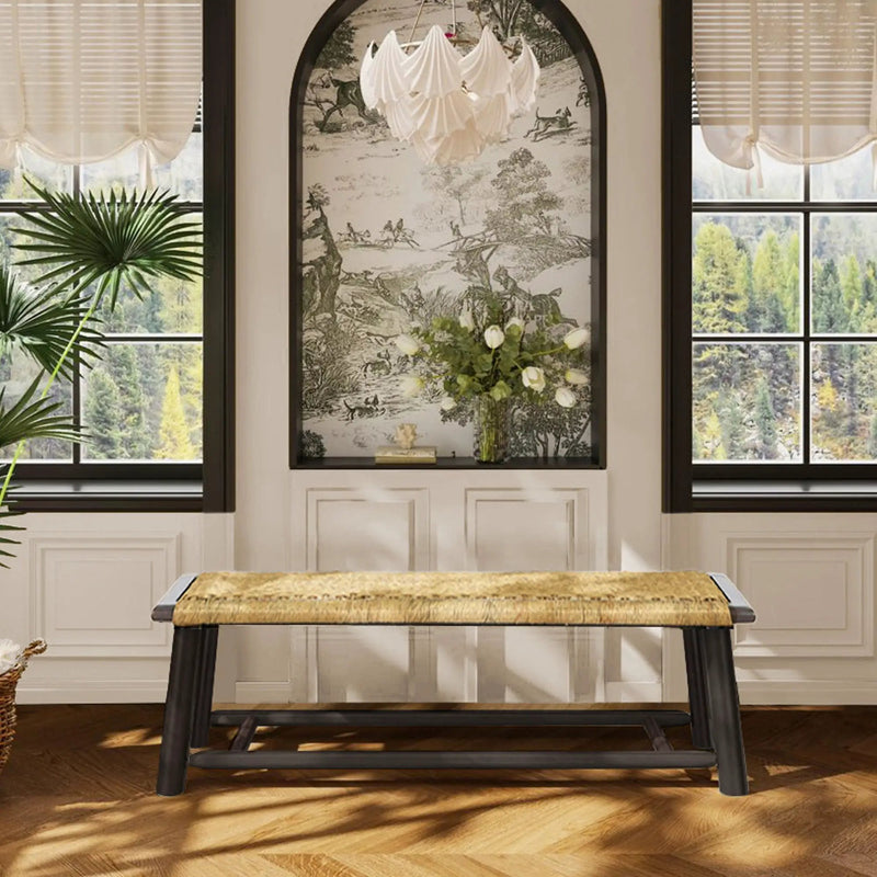 Farmhouse Modern Solid Wood Rattan Bench Multi Functional Design 59" Indoor & Covered Outdoor Bench - Walnut by Unique Piece Furniture