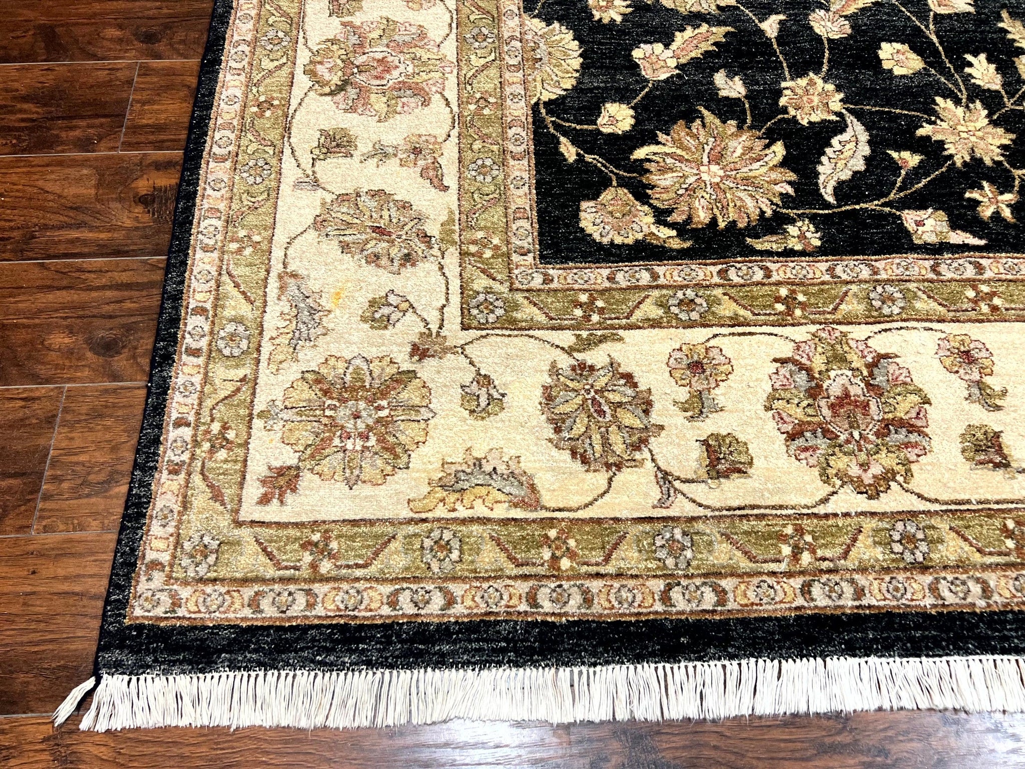 Indo Persian Rug 10x14, Charcoal and Beige, Floral Allover, Handmade Vintage Wool Carpet by Jewel Rugs