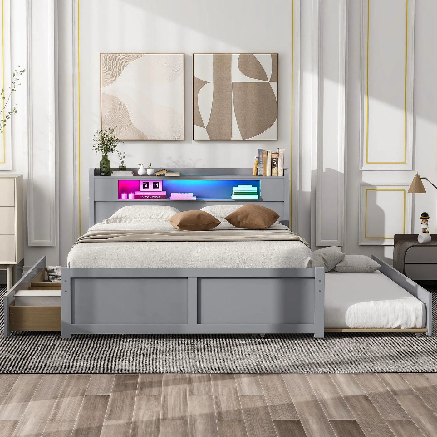 Storage Platform Bed With LED Lights, 2 Drawers And Trundle by HouseOfZazla