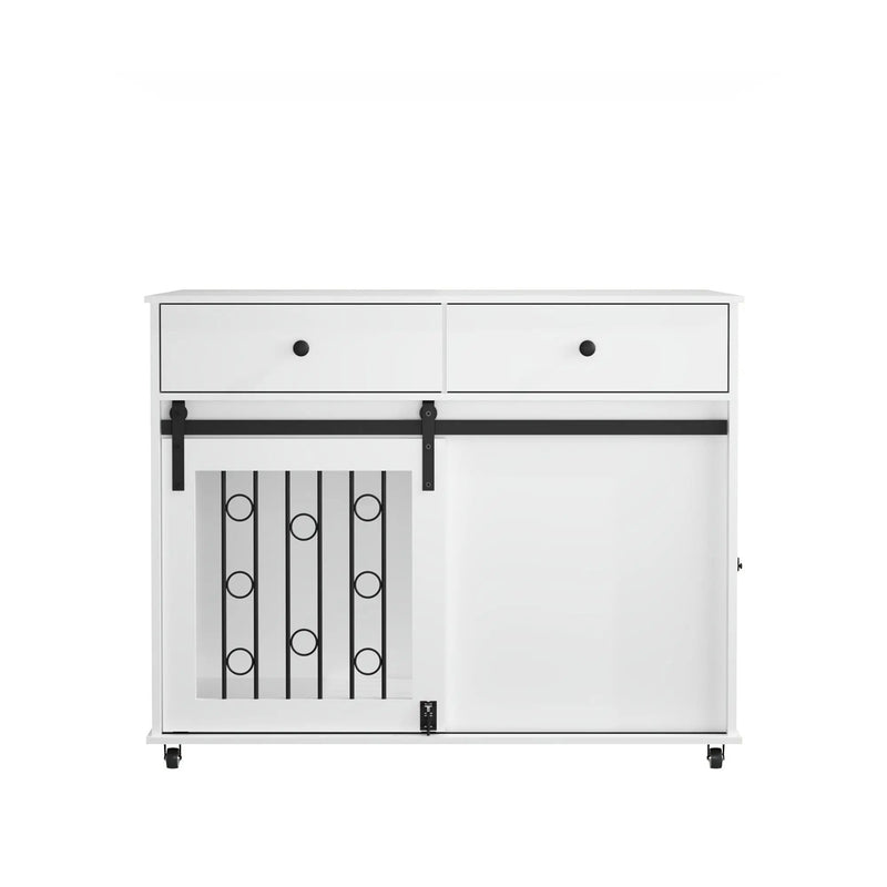 Dog Crate Furniture With Double Drawers And Sliding Barn Door, Pet Kennel For Small To Medium Dogs - White by HouseOfZazla