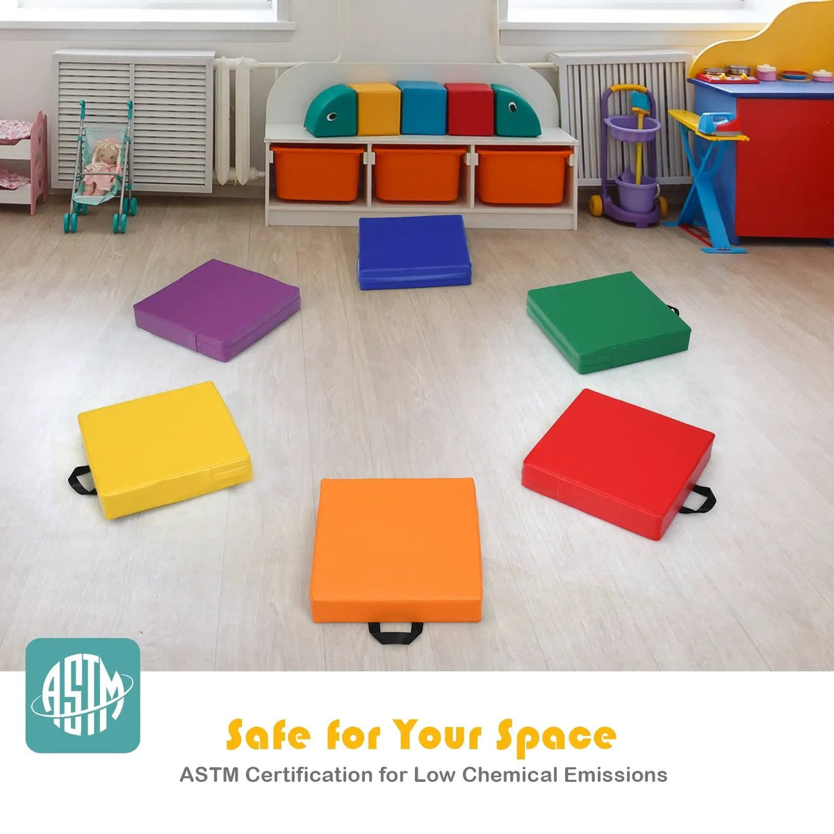 6 Pieces 15 Inches Square Toddler Floor Cushions Flexible Soft Foam Seating with Handles by DirectDeals