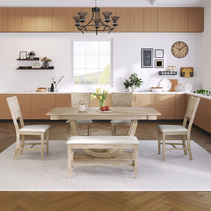 Topmax - 6 Piece Wood Half Round Dining Table Set Kitchen Table Set With Long Bench And 4 Dining Chairs, Modern Style by Unique Piece Furniture