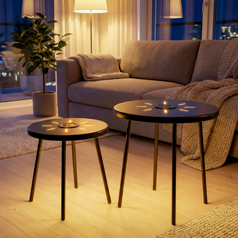 2-Pack Solar Powered Side Table with LED Light, Outdoor/Indoor Nesting Round End Table Set by HouseOfZazla