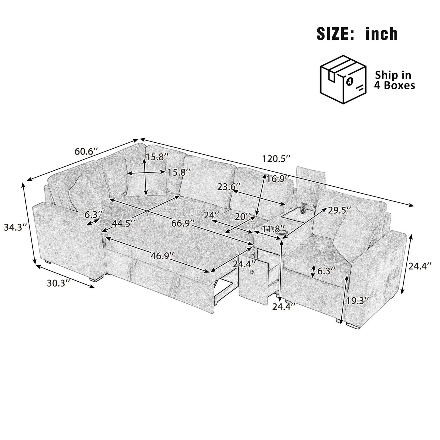Modular L-Shaped Sectional Sofa Bed With Pull-Out Sleeper, Cup Holders, And Storage by Unique Piece Furniture