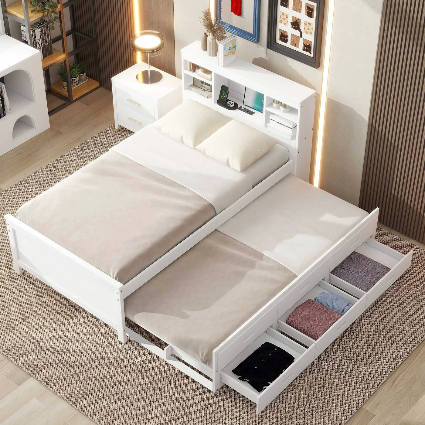 Platform Bed With Storage Headboard, USB, Trundle And 3 Drawers by HouseOfZazla