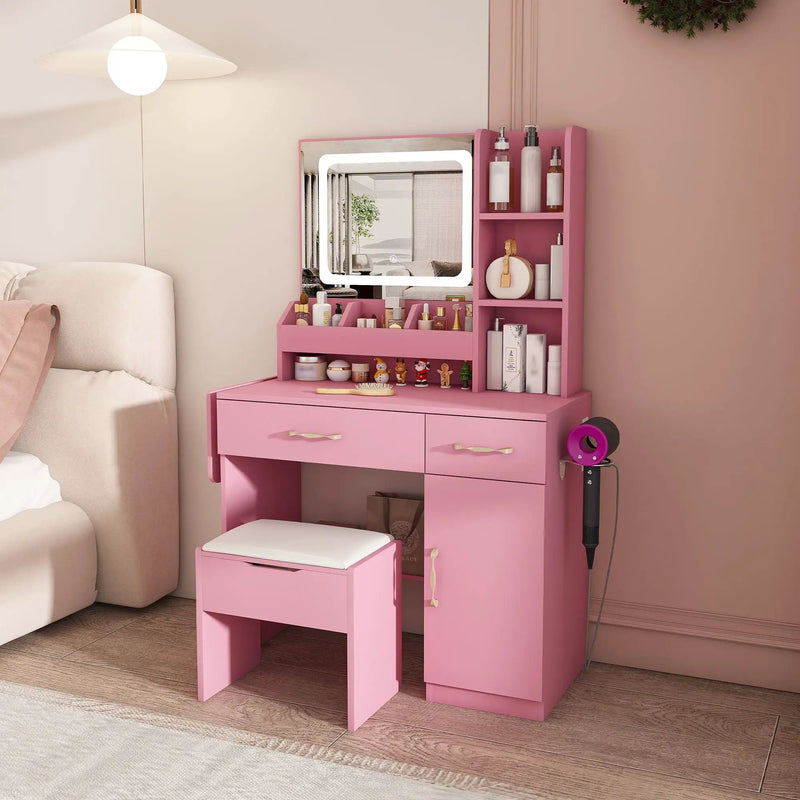 Vanity Desk With LED Mirror Lights And Power Outlet Charging Station, 3 Drawers, 7 Shelves, Storage Stool - Pink by HouseOfZazla