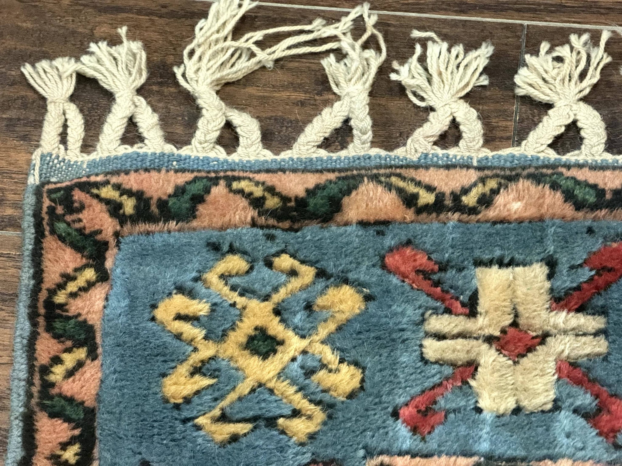 Turkish Kazak Runner Rug 3x11, Cream and Light Blue, Vintage by Jewel Rugs