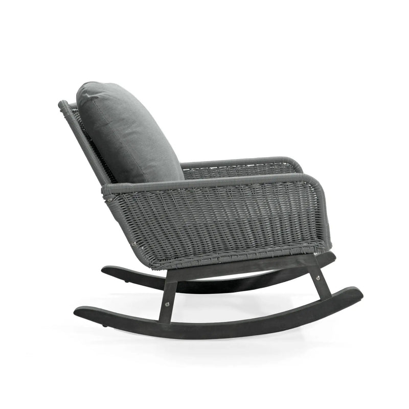 Modern 3 Piece Outdoor Seating Set with Cushioned Rattan Rocking Chairs and Wooden Accent Table by HouseOfZazla
