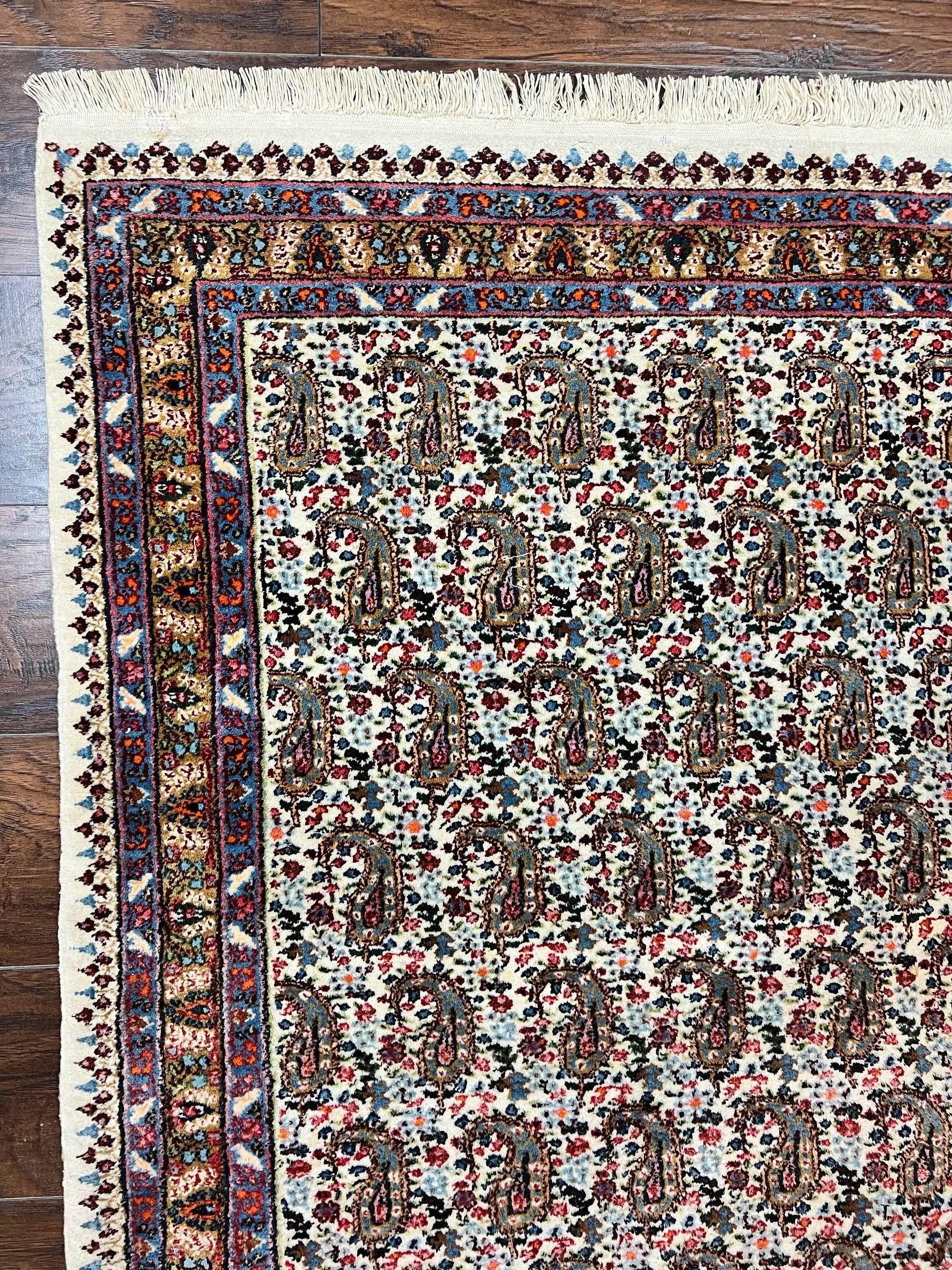 Persian Rug 4x6, Mashad Kashmar Rug, Boteh Paisley Design, Allover Repeated Pattern, Ivory Hand Knotted Vintage Semi Antique Persian Oriental Carpet by Jewel Rugs