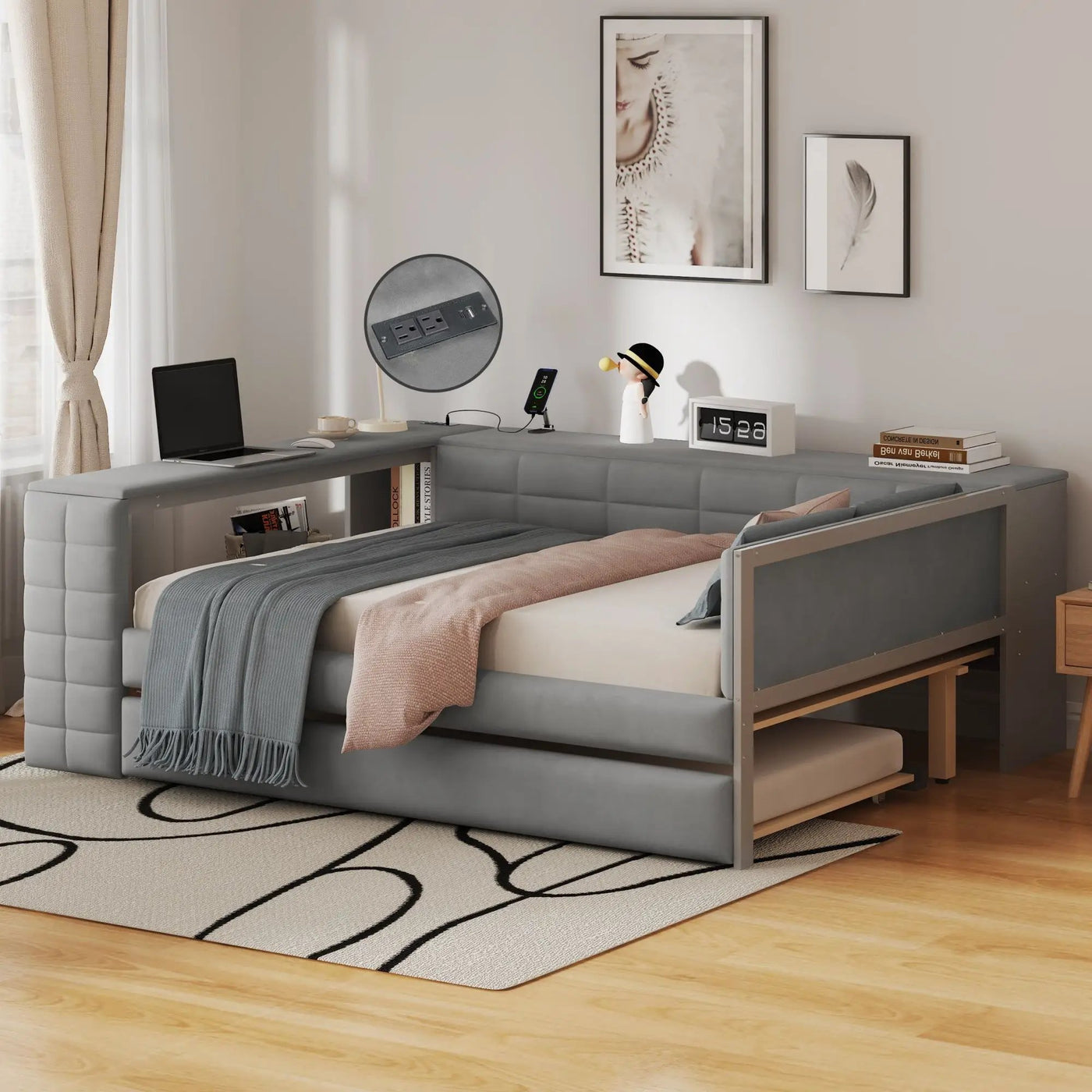 Upholstered Platform Bed With Storage Shelves, Desk, Charging Station And Trundle by HouseOfZazla