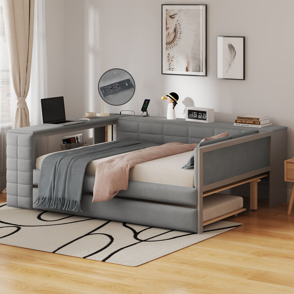 Upholstered Platform Bed with Storage Shelves, Desk, Charging Station and Trundle - Full, photo 3 of 29
