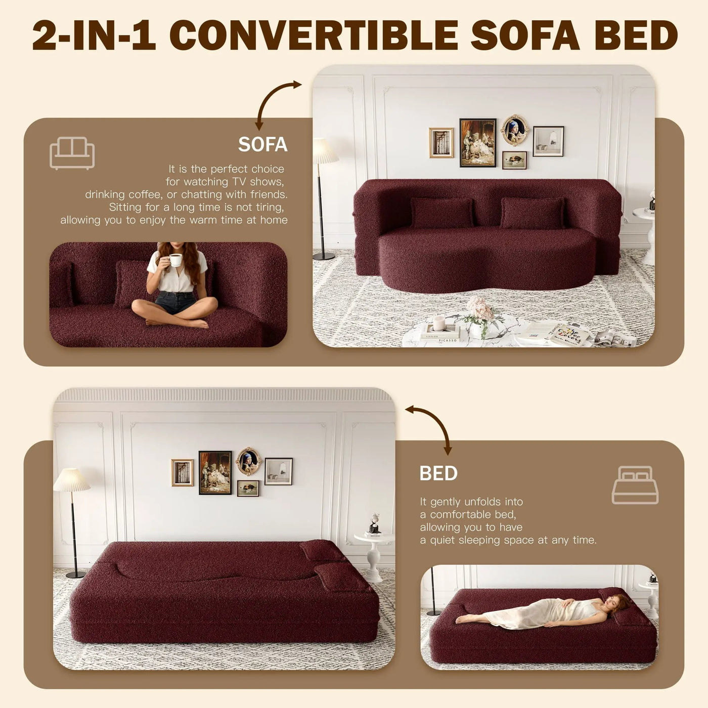 Modern Floor Sleeper Sofa Bed With 2 Pillows, Convertible Twin Size Folding Mattress For Living Room by HouseOfZazla