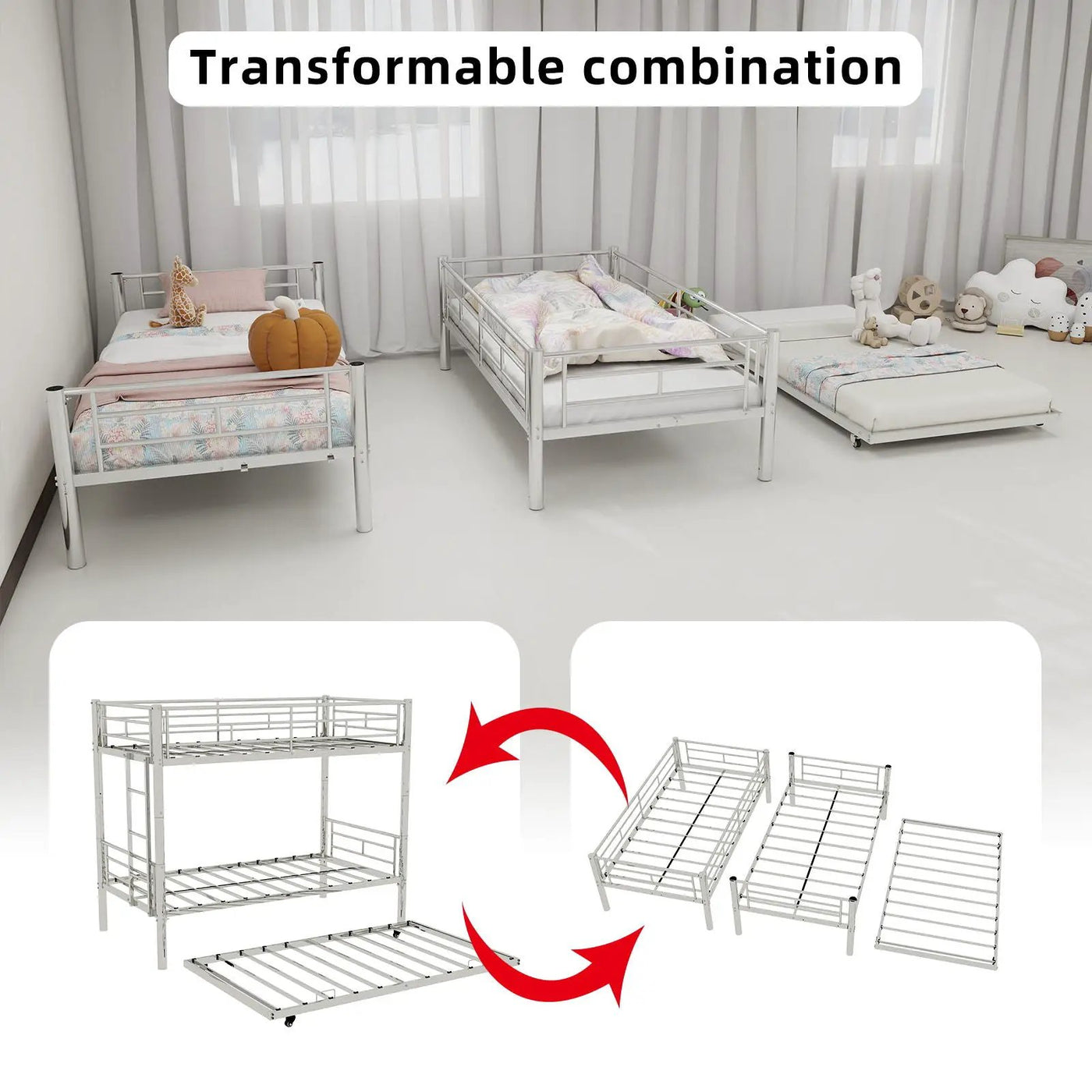 Bunk Bed For Kids, Convertible Frame With Ladders & Guardrail by HouseOfZazla