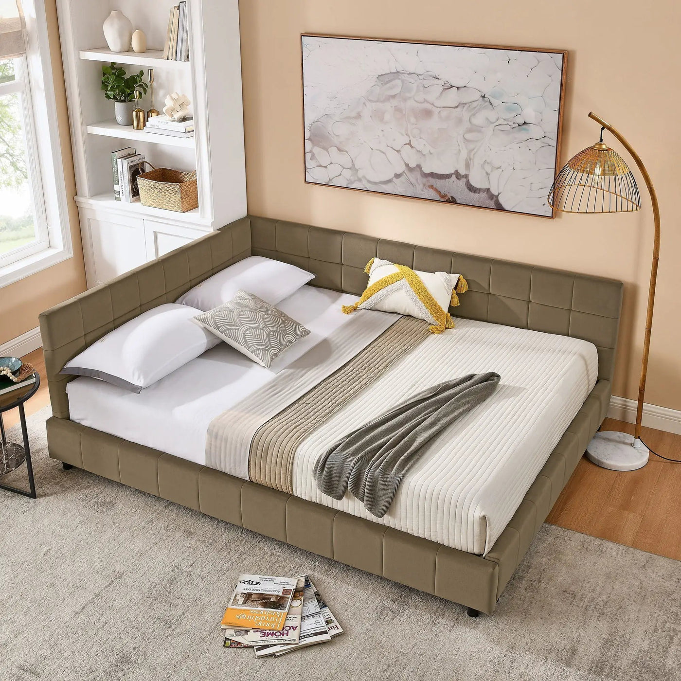 Mid-Century Storage Upholstered Tufted Bed Frame With Backrest And Armrests by HouseOfZazla