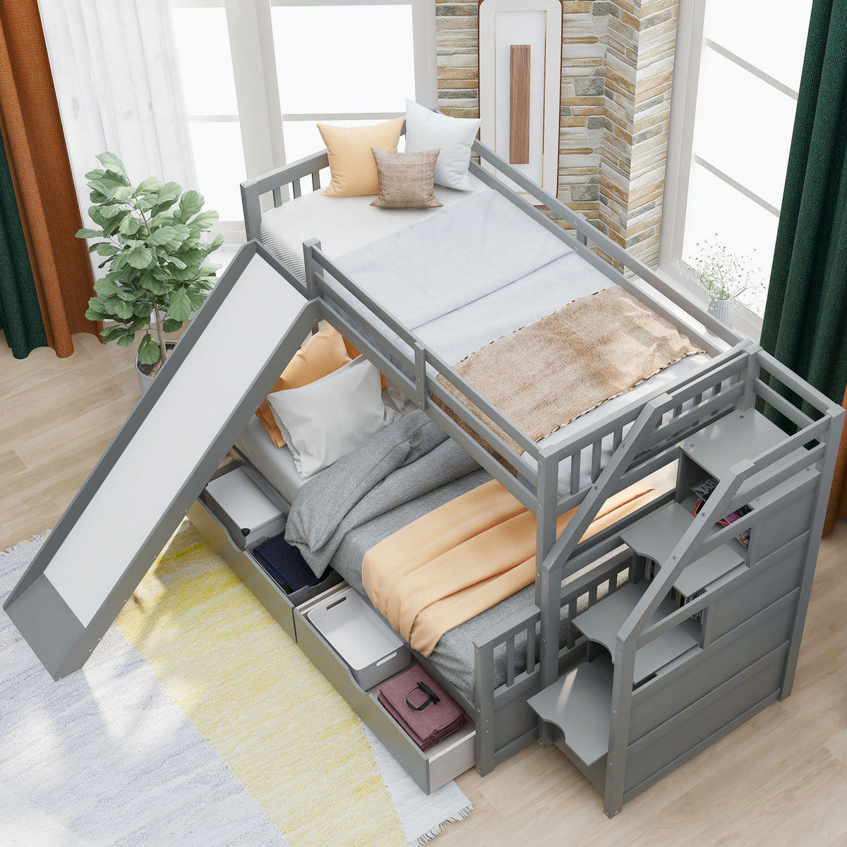Bunk Bed With Storage Staircase, Slide, Desk, Drawers, And Shelves, photo 3 of 14