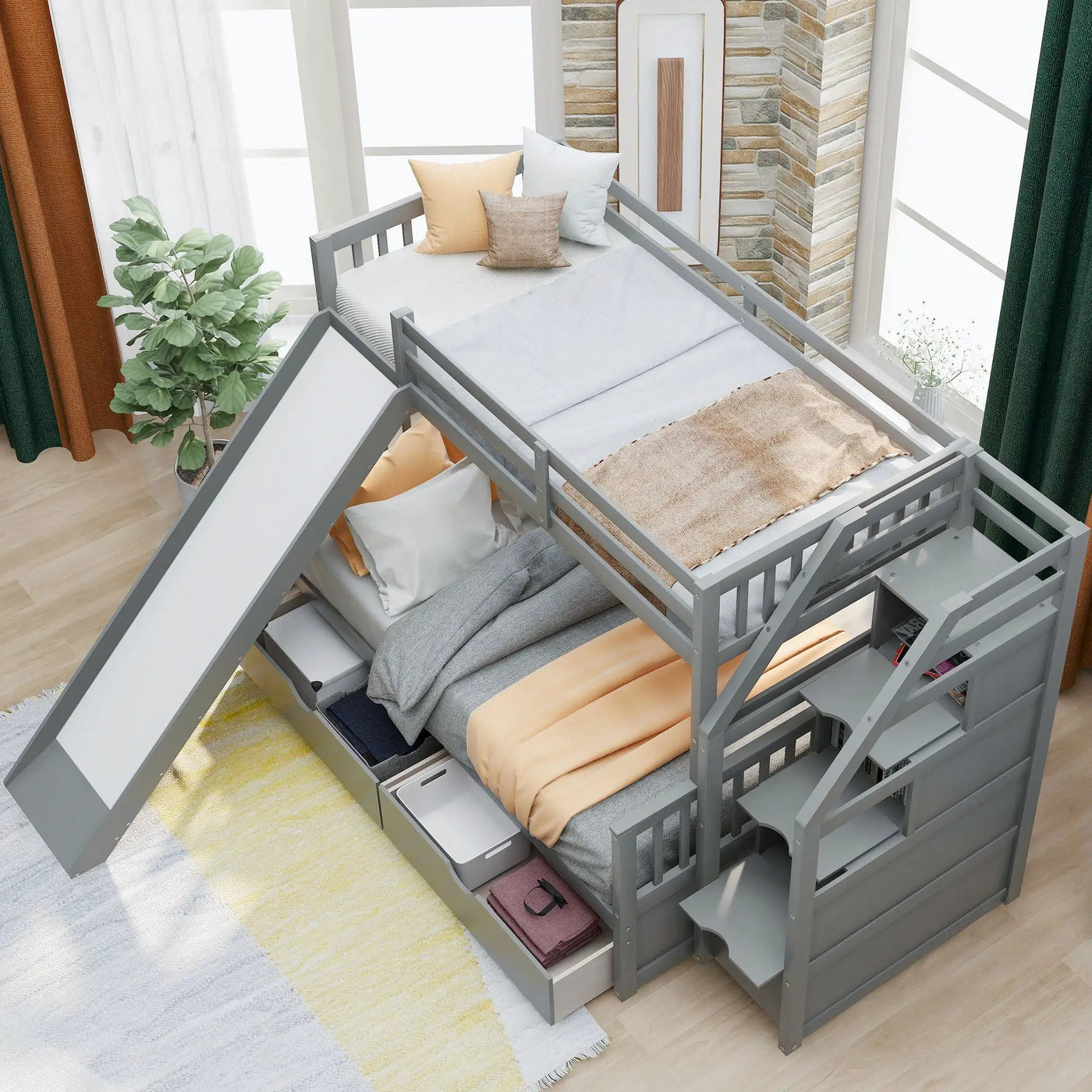 Bunk Bed With Storage Staircase, Slide, Desk, Drawers, And Shelves by HouseOfZazla