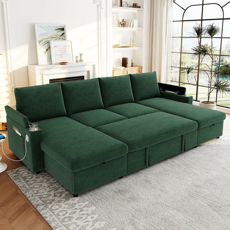 U Shaped Sectional Sofa Bed With Storage Chaise Lounges, USB Ports, And Cup Holders by HouseOfZazla