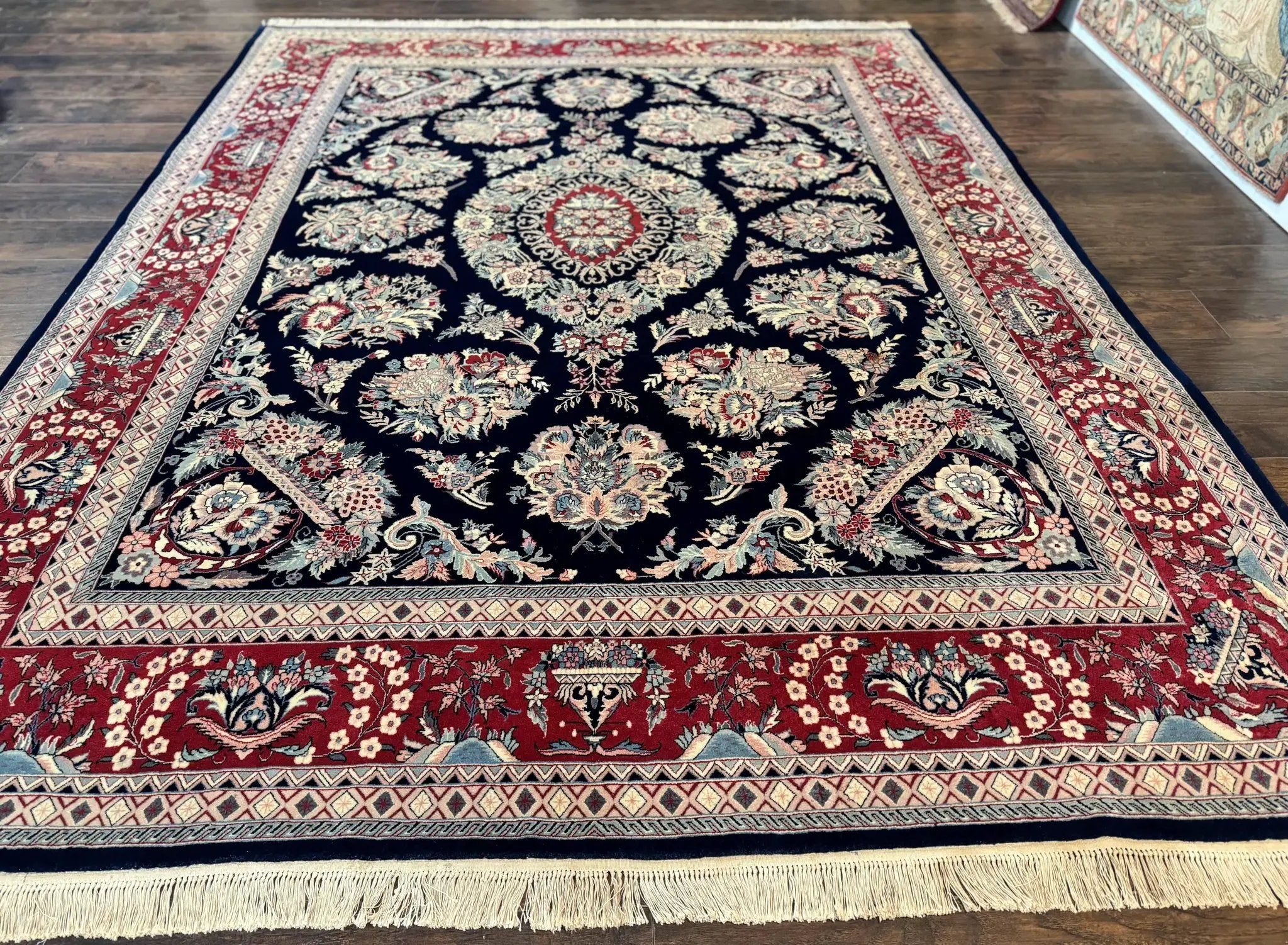 Sino Persian Rug 8x10, Floral Kirman Carpet, Navy Blue and Red, Floral Vases, Handmade Vintage Wool Carpet, 320 KPSI by Jewel Rugs
