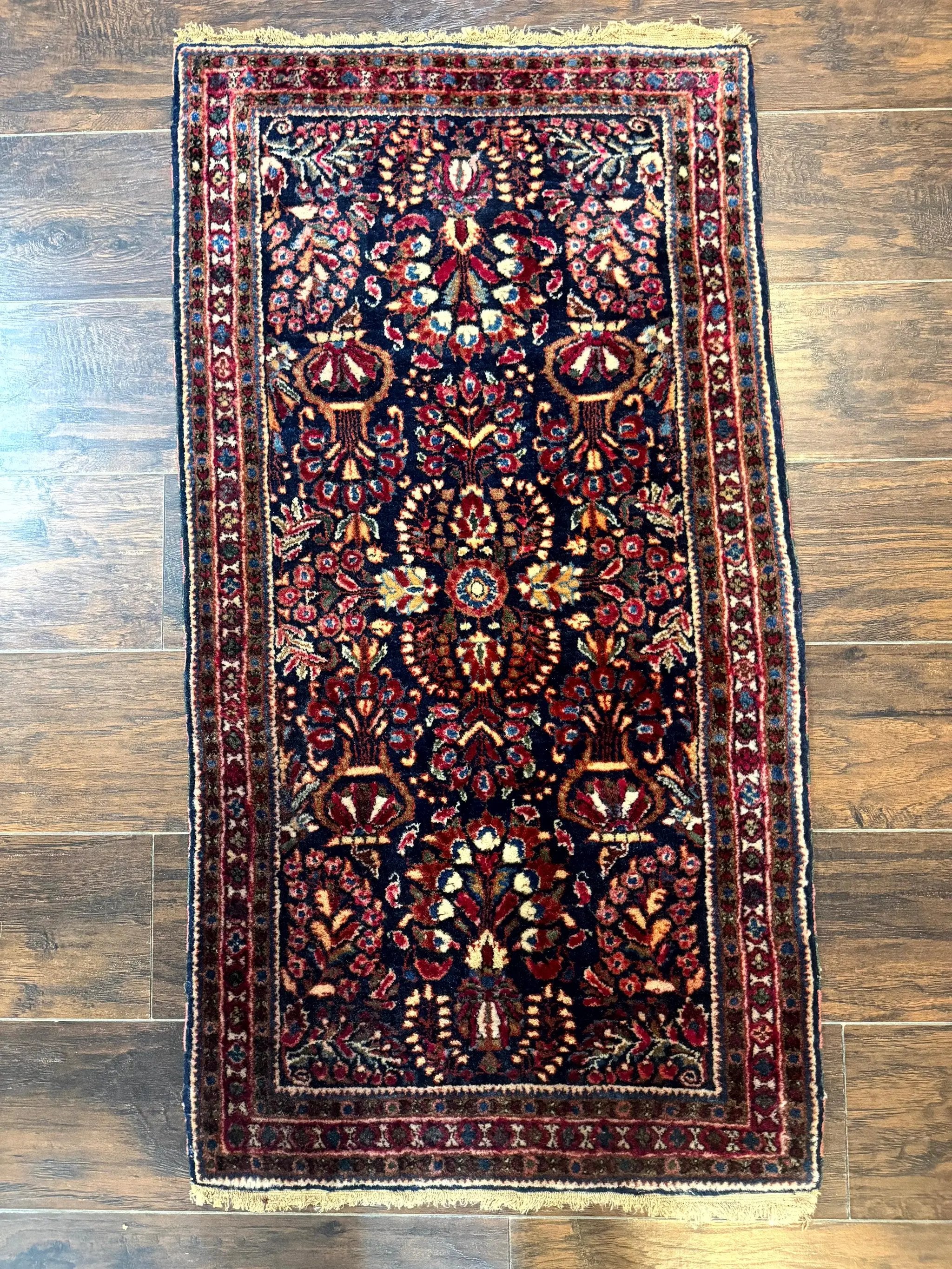 Small Navy Blue Persian Rug 2x4, Sarouk Rug, Rare Colors, Antique 1920s Wool Rug by Jewel Rugs
