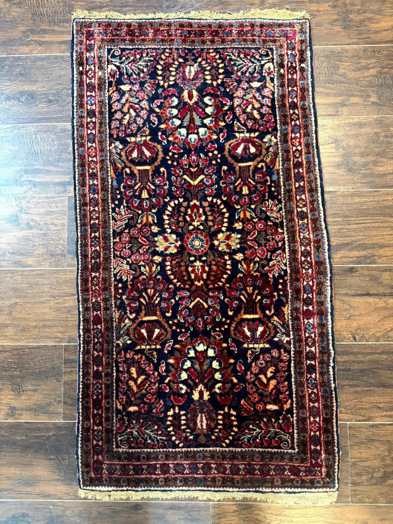 Small Navy Blue Persian Rug 2x4, Sarouk Rug, Rare Colors, Antique 1920s Wool Rug by Jewel Rugs