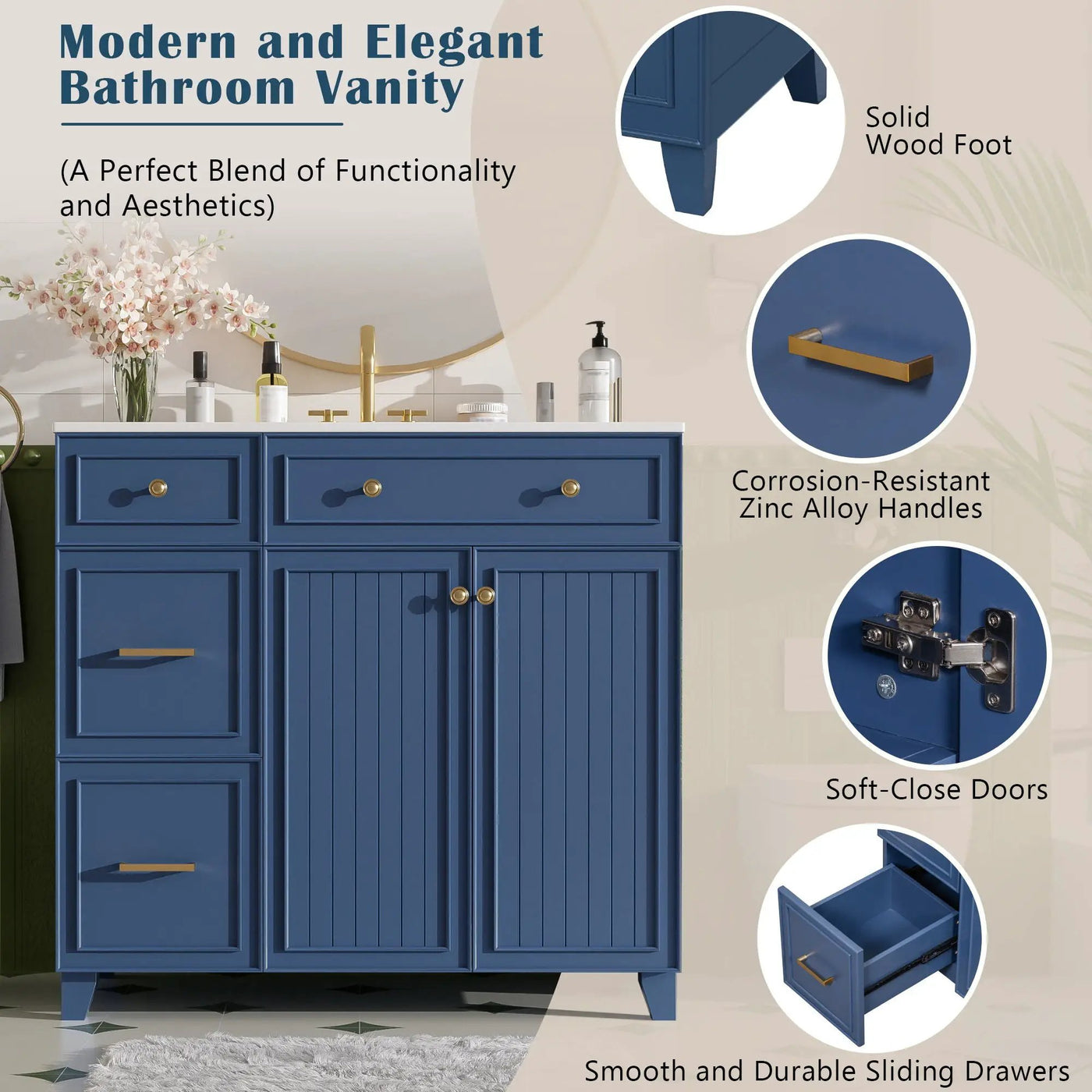 Bathroom Vanity With Sink, Soft Close Doors, Adjustable Shelves by HouseOfZazla