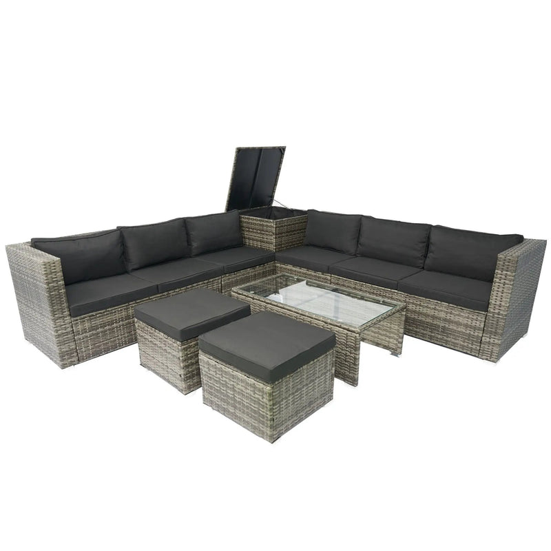 8 Piece Patio Sectional Wicker Rattan Outdoor Furniture Sof Set With One Storage Box Under Seat And Cushion Box - Gray / Black by Unique Piece Furniture
