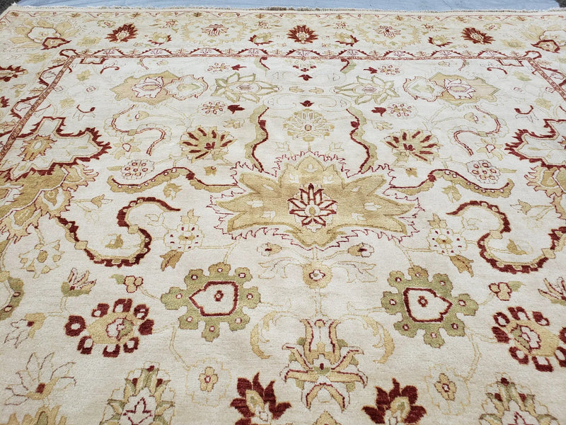 Vintage Oushak Area Rug, Hand-Knotted, Wool, Cream Beige Maroon, 10x15 Rug, 10x14 Rug, Large Oriental Carpet by Jewel Rugs