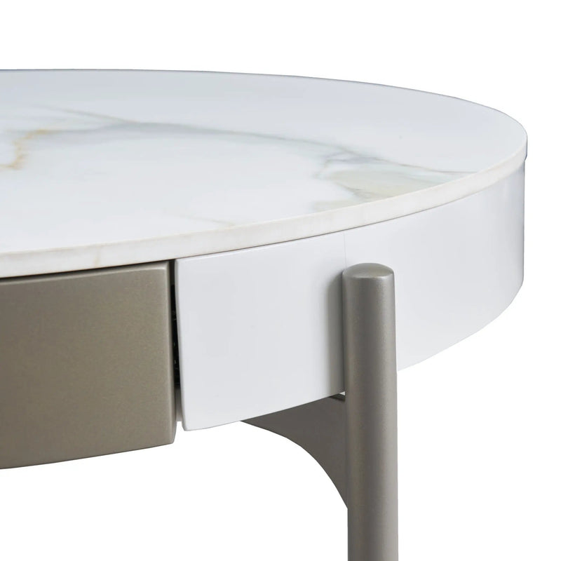 Modern Round Coffee Table With Storage Drawers Handcrafted Ceramic Inlay Tabletop 2 Tone Wood Legs Scandinavian Living Room Center Table - White / Gray by Unique Piece Furniture