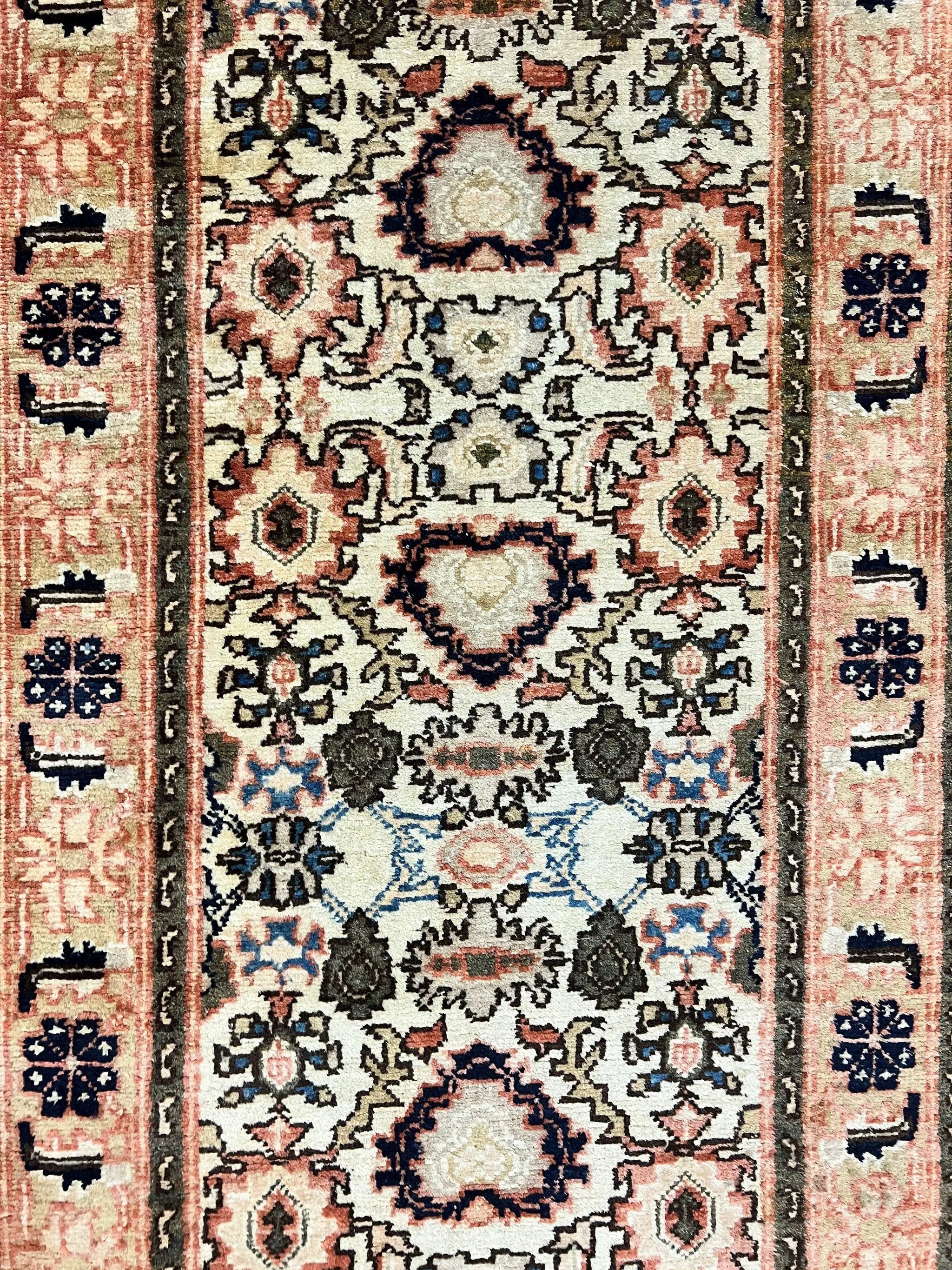 Romanian Runner Rug 2.6 x 12.9, Wool Handmade Hand Knotted Skinny Runner for Hallway, Floral Allover, Vintage Tan Runner by Jewel Rugs