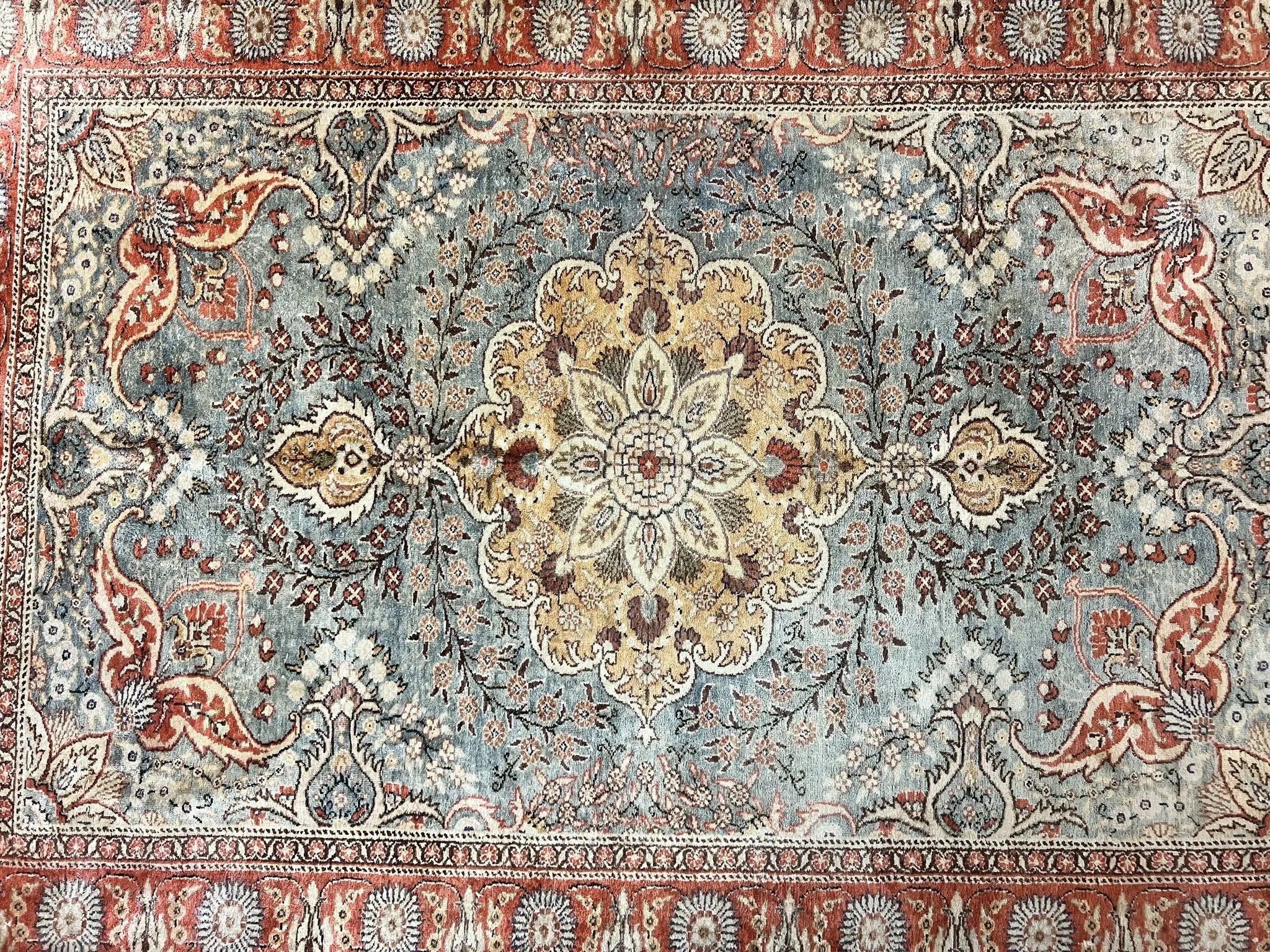 Silk Turkish Rug 5x7, Light Blue Silk Carpet, Floral Medallion, Turkish Kayseri Rug, Vintage Handmade Oriental Rug by Jewel Rugs