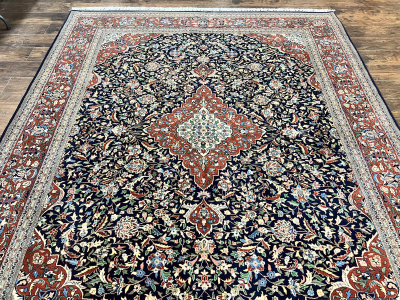 Indo Persian Rug 8x10, Floral Medallion, Vintage Handmade Wool Carpet, Navy Blue and Red, Fine 300 KPSI by Jewel Rugs