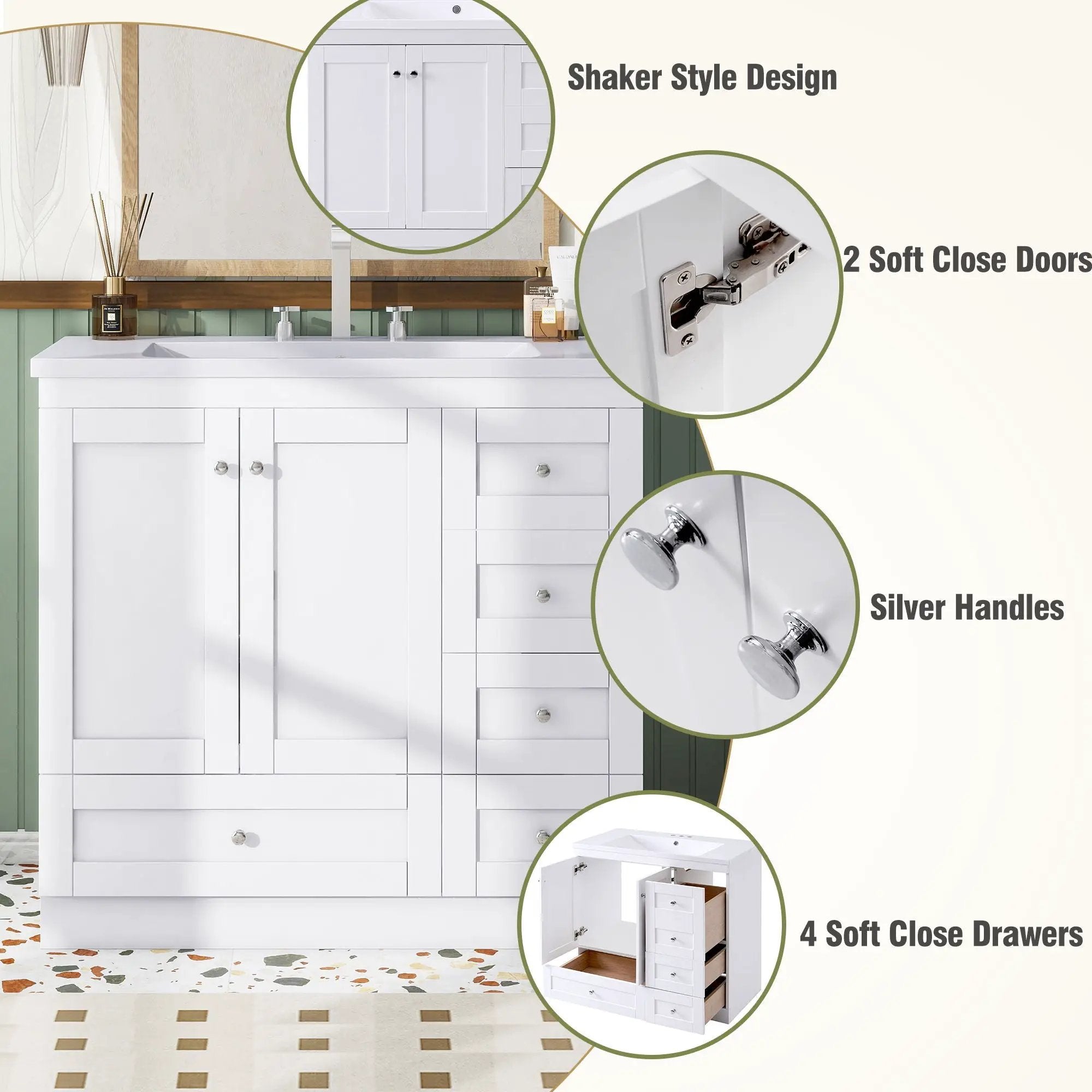 Shaker Free Standing Bathroom Vanity Cabinet With Sink, Soft Close Drawers, Soft Close Doors by HouseOfZazla