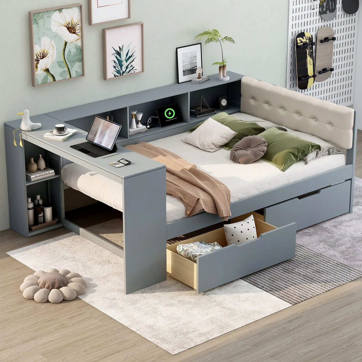 Upholstered Headboard Platform Bed With Storage Shelves, Drawers, Charging Station by HouseOfZazla