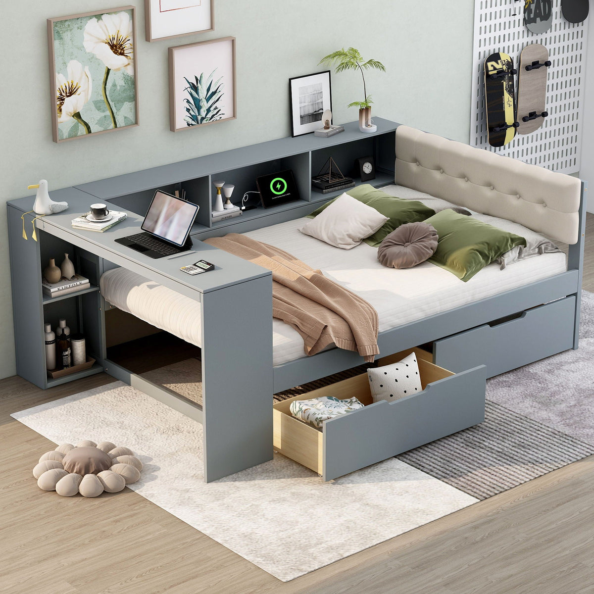 Upholstered Headboard Storage Bed with Shelves, Drawers, and Charging Station - Dark Gray or Beige, photo 6 of 40