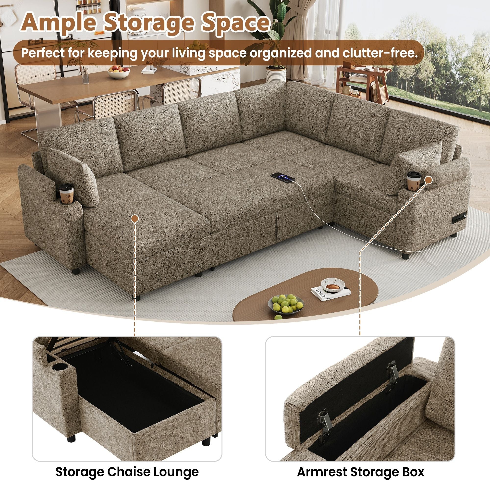 U-Shaped Sectional Sofa Bed With Storage, Charging Ports, And Cup Holders - Brown by Unique Piece Furniture