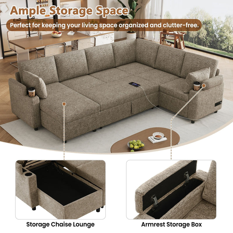 U-Shaped Sectional Sofa Bed With Storage, Charging Ports, And Cup Holders - Brown by Unique Piece Furniture