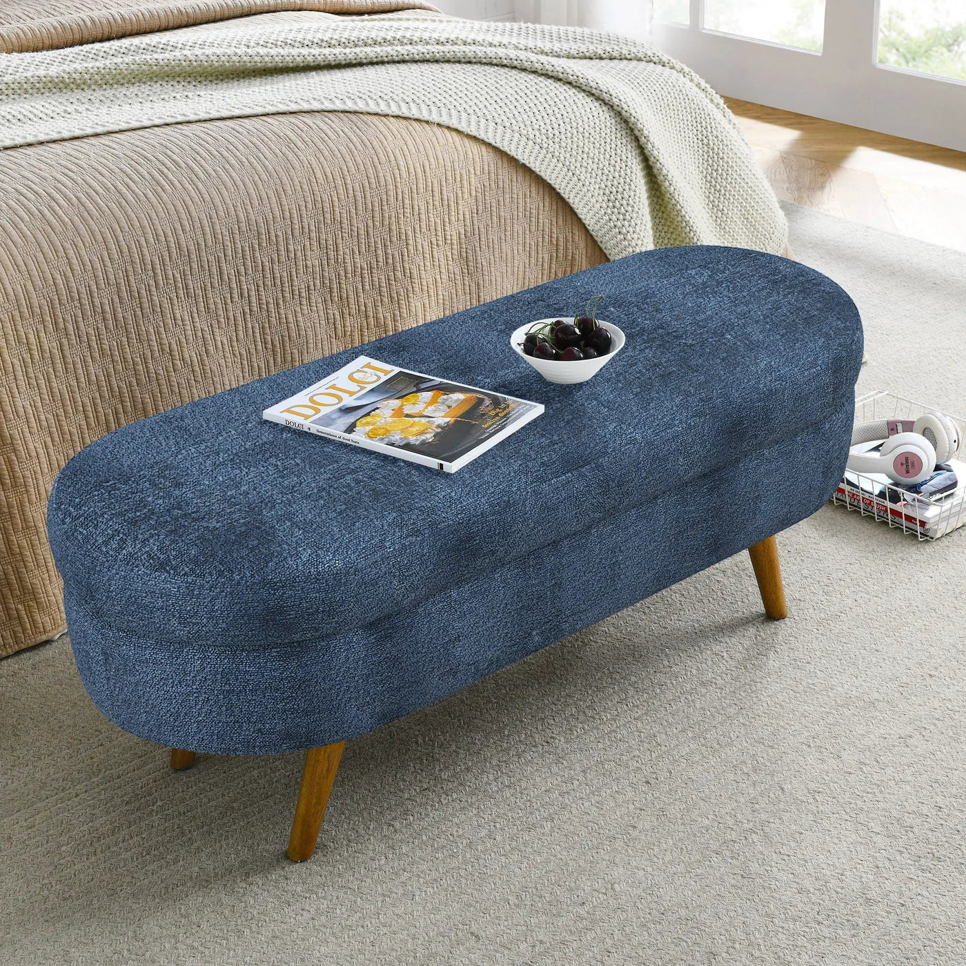 Modern Ottoman Oval Storage Bench With Rubber Wood Legs by HouseOfZazla
