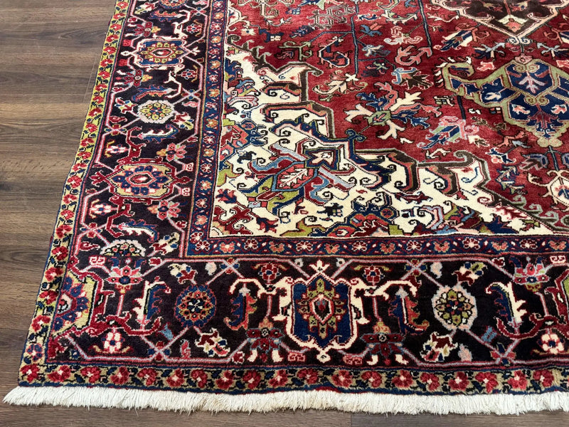 Antique Persian Heriz Rug 8x11, Geometric Tribal Wool Carpet, Brick Red by Jewel Rugs