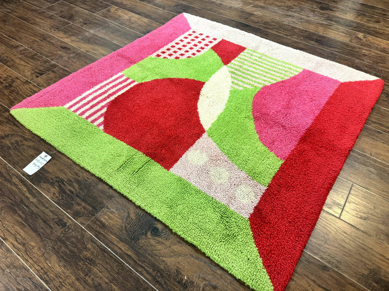 European Shag Rug 4.8 x 4.8, Modern Abstract Design, Green Pink Red, Square Shag Rug, Unique by Jewel Rugs