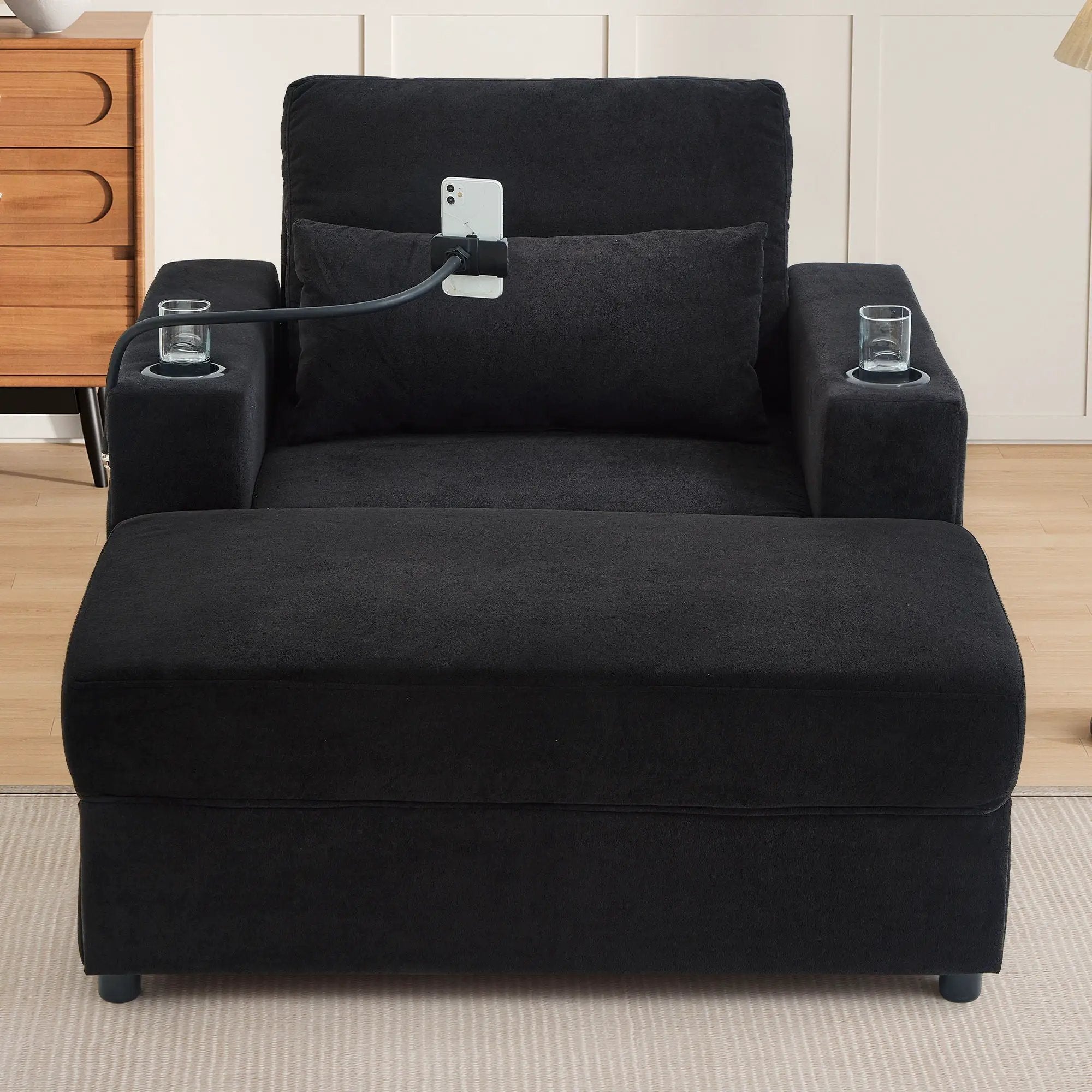 Modern Style Armchair Chaise Lounge Sofa Couch With Movable Storage Ottoman, USB Ports, Cup Holders, Phone Holder, Side Pockets by HouseOfZazla