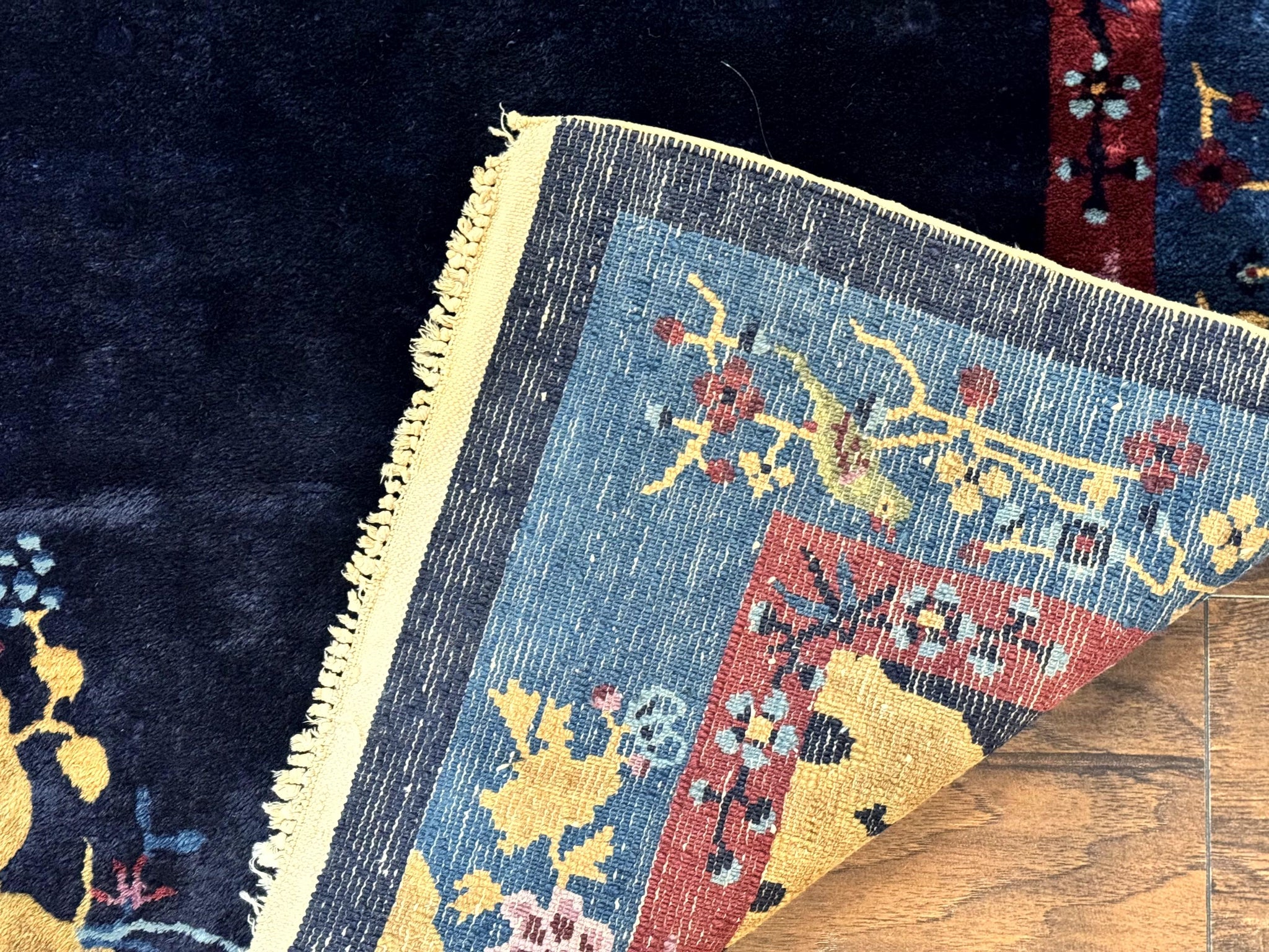 Antique Chinese Peking Rug 3x6, Dark Blue, Bird Motif, Handmade Wool Art Deco Asian Oriental Carpet, Pair B by Jewel Rugs