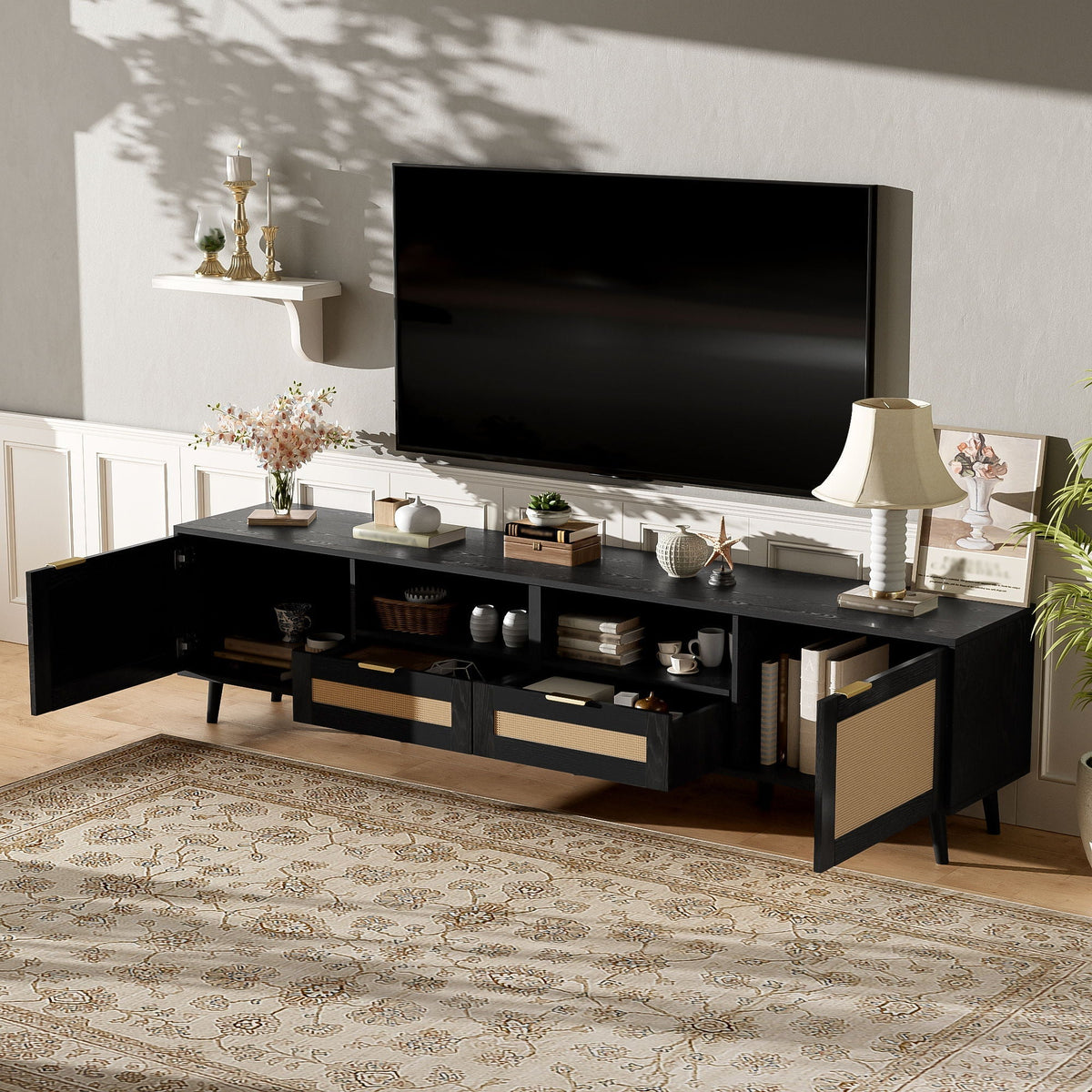 TV Stand Media Console with Cable Management - Light Brown or Black, photo 4 of 12