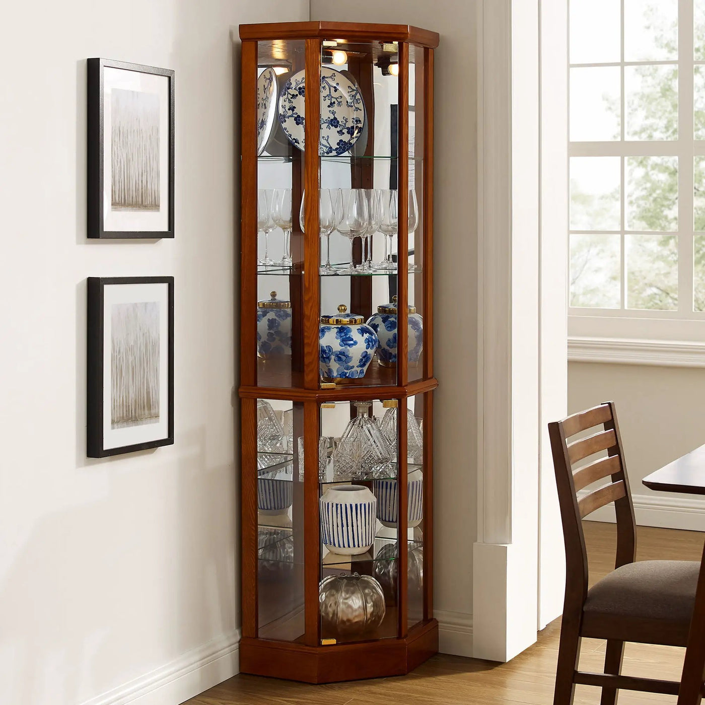 6 Shelf Lighted Corner Curio Cabinet With Adjustable Tempered Glass Shelves And Mirror Back (E26 Light Bulb Not Included) by Unique Piece Furniture